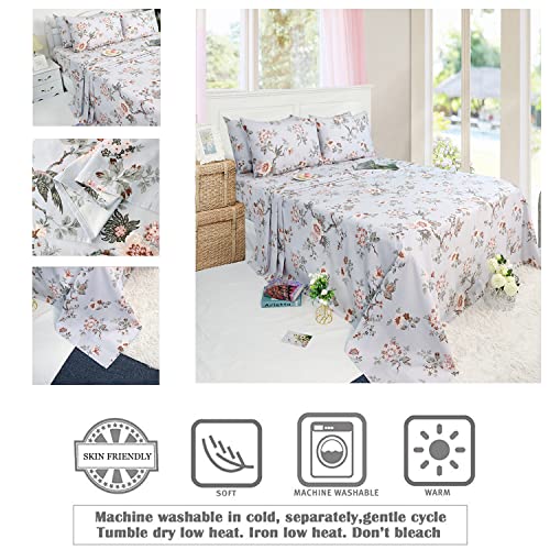 100% Cotton Twin XL Sheet Set - Vintage Floral & Bird Print (4-Piece)