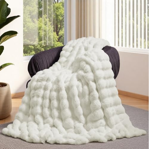 Faux Rabbit Fur Throw Blanket, Cream White Bubble Texture, 50x60 Inches