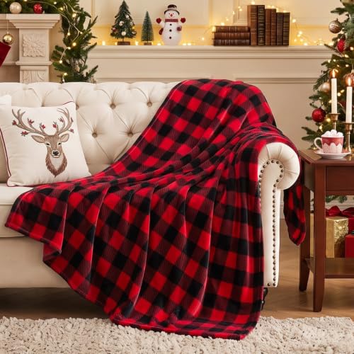 BEDELITE Red & Black Buffalo Plaid Twin Blanket - Christmas Fleece Throw 60x80