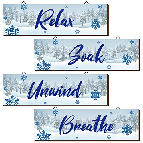 Winter Rustic 4-Piece Wood Bath Decor Signs – Relax Soak Unwind Breathe