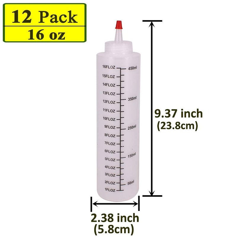 Belinlen 12 Pack 16-Ounce Plastic Squeeze Bottles with Red Cap for Food, Crafts, Art, Multi Purpose Set of 12 with extra 16 Chalk Labels 6 Red Cap and 1 Pen
