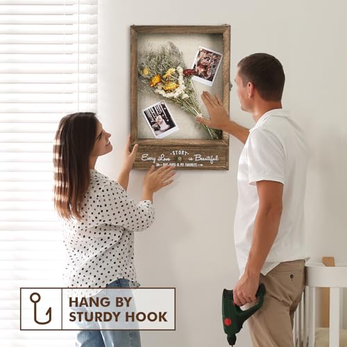 Rustic Wood Shadow Box Display Case with Drawer - 11x16 Keepsake Frame
