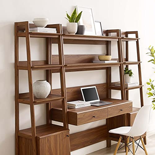 Modway Walnut 3-Piece Office Desk and Bookshelf Set - Modern Home Office Furniture
