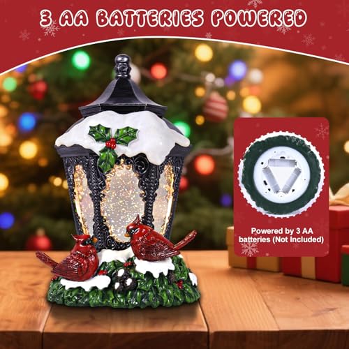 GlexpFesti Christmas Snow Globe Lantern with Cardinals & Glittering Globe, Timer, Battery Operated