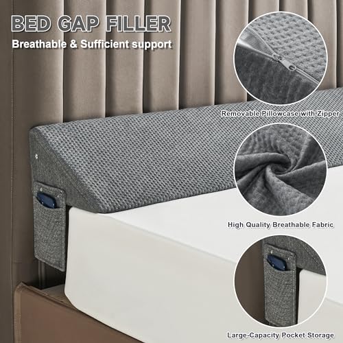 Queen Bed Wedge Pillow - High-Density Foam Gap Filler (60"x6"x10") - Grey