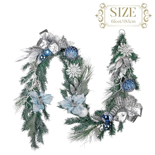 Valery Madelyn 30-Inch Christmas Wreath & 6Ft Garland Set with Lights - Blue & Silver Holiday Decor for Indoor & Outdoor