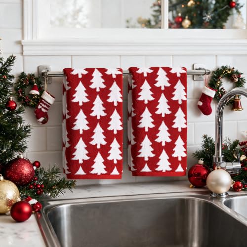 Artoid Mode 3 Pcs Red Xmas Trees Christmas Jacquard Hand Towels for