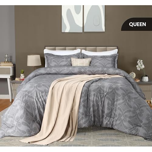 Utopia Bedding Queen Comforter Set Paisley Grey, Floral Comforters Queen Size, 3 Piece Lightweight All Season Down Alternative Bedding Set with 1 Comforter (88 x 88 In) and 2 Pillow Shams (20 x 26 In)
