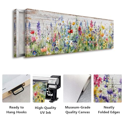 Rustic Wildflower Wall Art, 14x48 Inch Farmhouse Floral Canvas Print