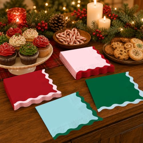 Whaline Christmas 100Pcs Scalloped Paper Napkins - Red, Green, Pink, Blue