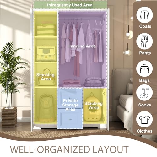 Tall 3-Door Wardrobe Armoire with Drawers and Shelves - White Bedroom Closet