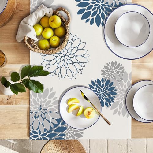 Blue Gray Dahlia Floral Burlap Table Runner 13x72 Inch Farmhouse Decor