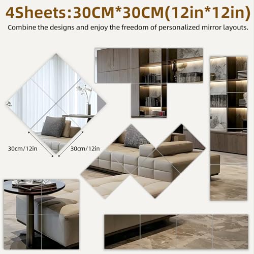4-Pack 12-inch Acrylic Mirror Tiles, Self-Adhesive Shatterproof Wall Decor