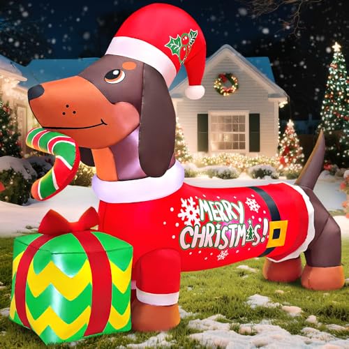 KOOY 5FT Christmas Inflatable Dachshund with Gift Box Outdoor Decor