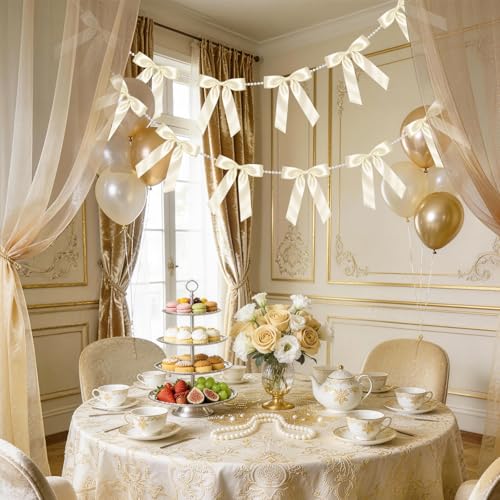 Pre-Strung White Satin Bow Garland Banner with Pearl Chain - 2 Strings