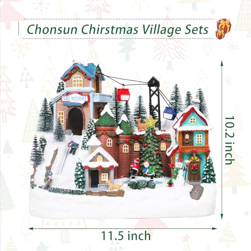 Chonsun 10.2 Inch Christmas Village House with Skiing & Skating Characters – USB Lighted Town Scene