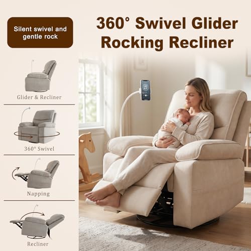 Oversized Swivel Glider Rocking Chair with Phone Holder & Recliner, Beige