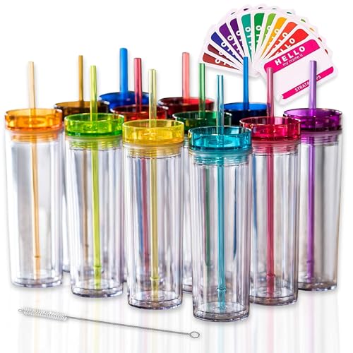12 Pack Colored Acrylic Tumblers with Lids & Straws - 16oz Double-Wall Reusable Drink Cups