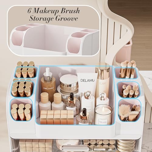 Delamu White Large Makeup Organizer Countertop with 6 Brush Holders