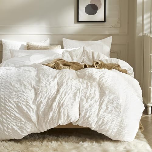 White Seersucker Duvet Cover Set Queen - Soft Microfiber Bedding with Ties