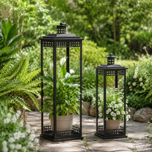 Large Lanterns Decorative Indoor 23in & 17in Black Floor Lanterns with Candles – 2 Pcs