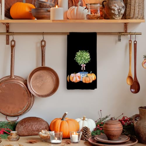 Tzhim Fall Pumpkin Kitchen Hand Towels with Bowknot - 16x24in Decorative Tea Towels