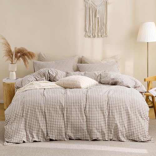 King Tan Gingham Duvet Cover Set - 100% Washed Cotton Linen-Look Bedding