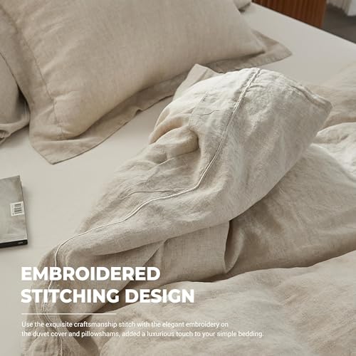 100% French Linen Duvet Cover Set - 3-Piece Embroidered Bedding (King)