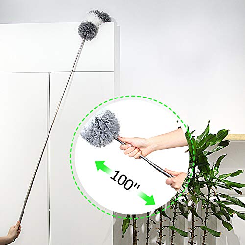 Microfiber Feather Duster with 100-Inch Extendable Pole & Bendable Head