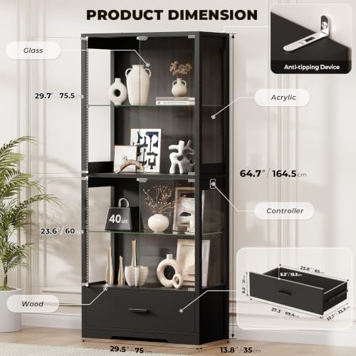 4-Tier Glass Display Cabinet with LED Lights and Drawer, Black