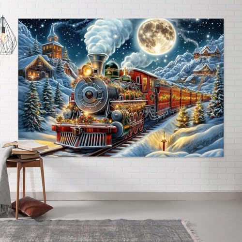 DYNH Christmas Steam Train Tapestry 60x40 Inches Snow Moon Mountain Cabin Railway Wall Hanging for Kids Bedroom & Living Room Decor
