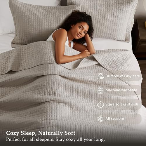 WDCOZY 100% Cotton Twin Quilt Set - Lightweight Beige Bedspread, 2 Piece