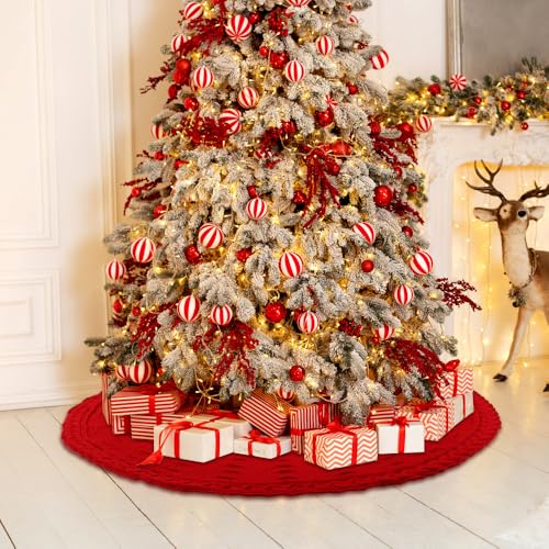 36-Inch Red Cable Knit Christmas Tree Skirt - Thick Rustic Farmhouse Decor
