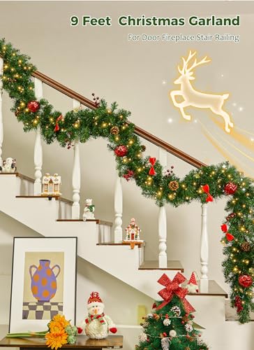 Brightown Ornaments Christmas Garland with Lights, 9Ft Prelit Holiday Decor