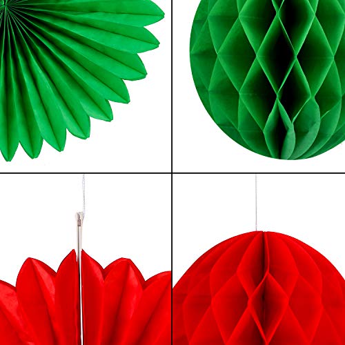 Konsait Christmas Paper Honeycomb Balls & Fans Kit – 30pc Red Green White Party Decor