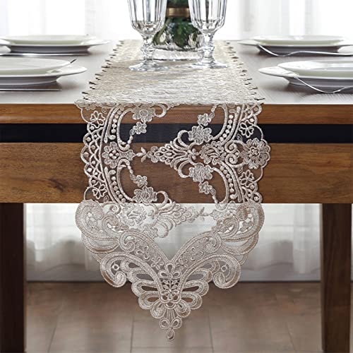Jeloris Champagne Lace Table Runner 12x94 inch Vintage Floral Dresser Scarf