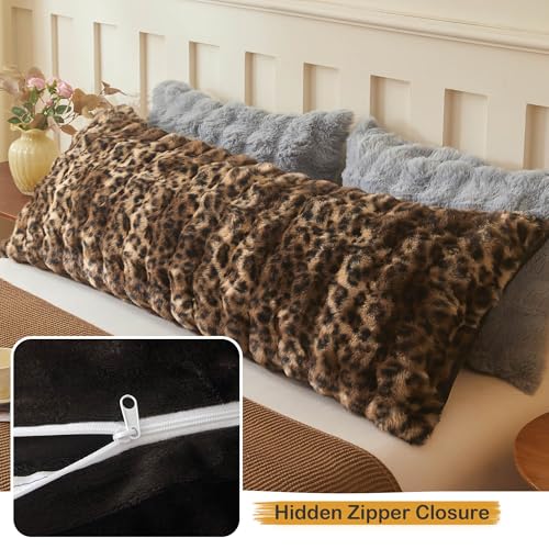 Leopard Print Body Pillow Cover 20x54 - Soft Faux Rabbit Fur