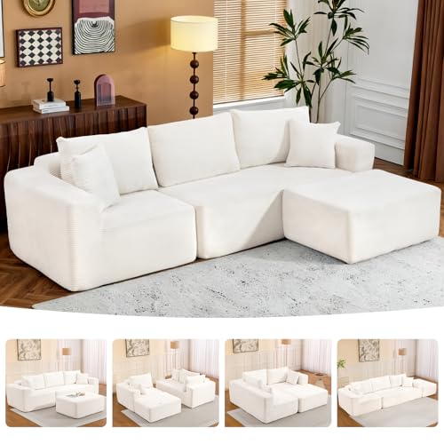 108-Inch Modular Corduroy Sectional Sofa with Ottoman, Beige L-Shaped Couch