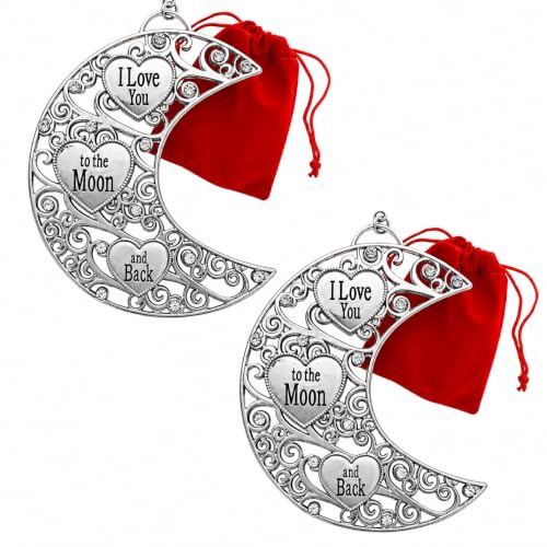 I Love You to the Moon and Back Ornament Set of 2, Filigree Moon Hearts with Crystals – Red Gift Bags Included (BANBERRY DESIGNS)