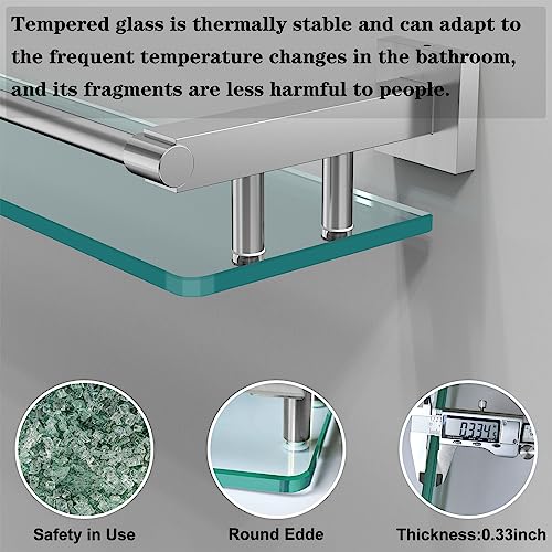 20-Inch Tempered Glass Bathroom Wall Shelf with Brushed Nickel Railing