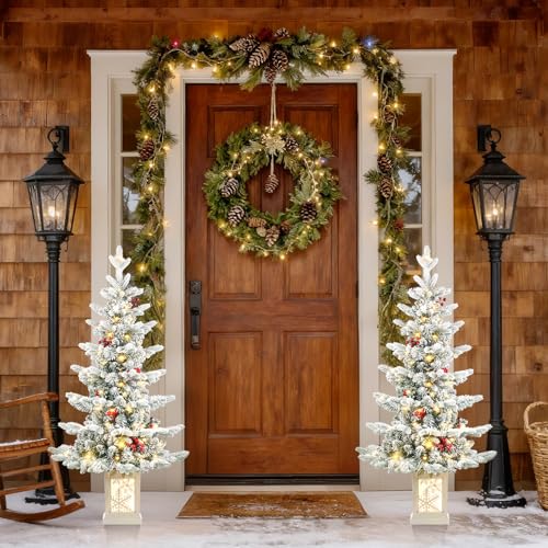 iphlitlvz 2-Pack 3.5ft Snow Flocked Pre-Lit Christmas Tree with Snowflake Base, Battery Operated & Auto Timer