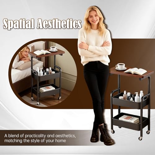 Black 3-Tier Metal Utility Cart with Walnut Top, Lockable Wheels & Sturdy Frame