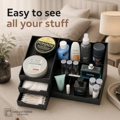 Uncluttered Designs Black Mens Cologne Organizer with Drawers | Dresser Countertop Storage