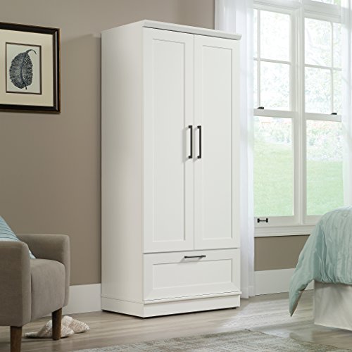 Wardrobe Storage Cabinet with Garment Rod and Drawer, Soft White