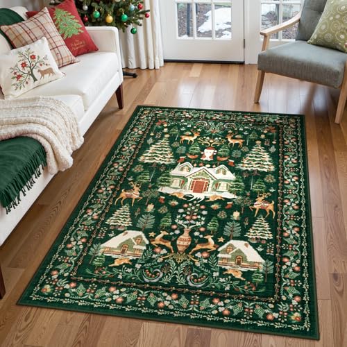 LIVEBOX 4x6 Green Christmas Rug with Santa Deer & Tree, Non-Slip Vintage Indoor Carpet