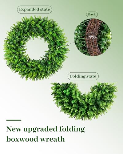 20-Inch Artificial Boxwood Wreath for Front Door with Hello Sign