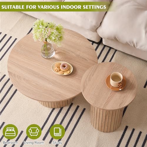 Round Nesting Coffee Table Set of 2, Modern Fluted Wooden Accent Tables