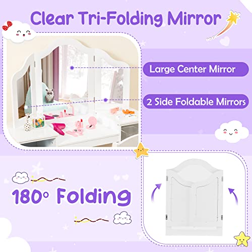 Kids Vanity Set with Mirror, 2-in-1 Wooden Makeup Table and Chair for Girls