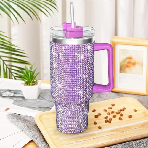 Lilac 40oz Glitter Tumbler with Handle & Straw – Rhinestones Bling Cup