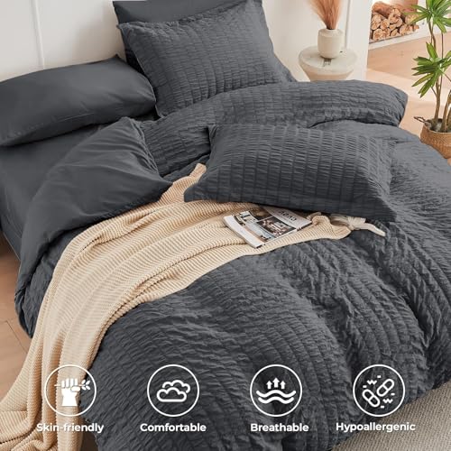 HYMOKEGE Queen Seersucker Comforter Set 7-Piece Bed in a Bag Dark Grey